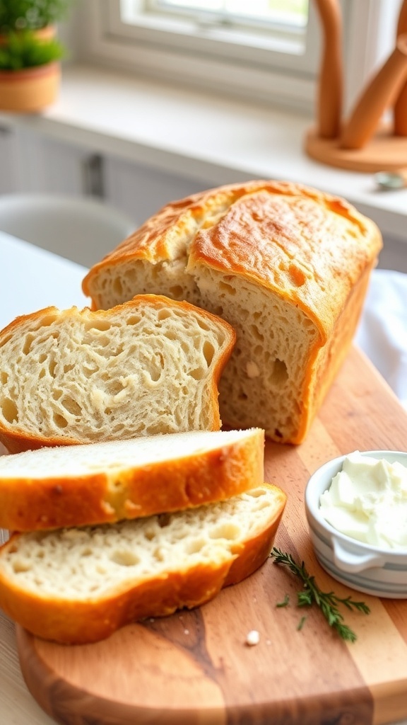 5-Ingredient Flourless Cottage Cheese Bread Recipe A loaf of flourless cottage cheese bread sliced on a cutting board, with cottage cheese and herbs beside it.